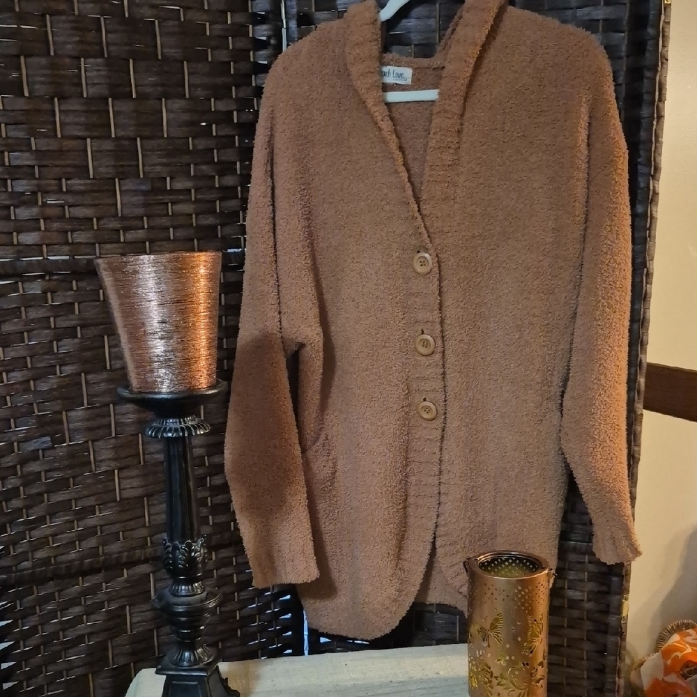 Peach Love California Cozy Brown Button-Up Sweater Size L